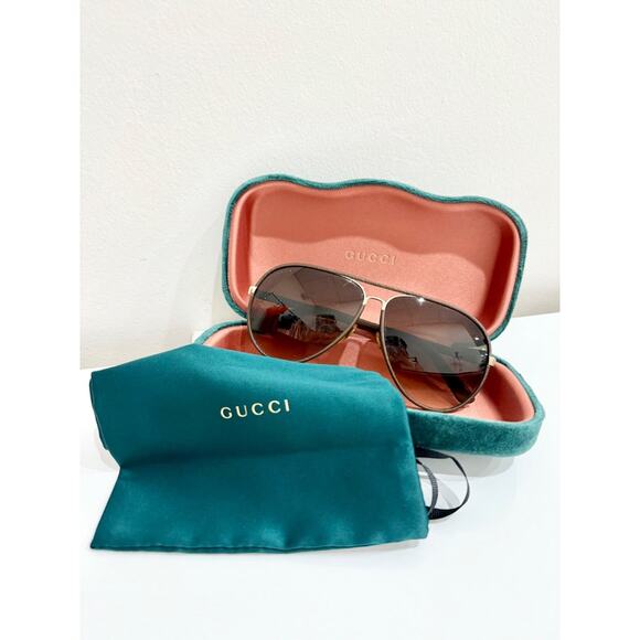 Gucci GG 2887/S Dark Chocolate Leather Framed Gold Lens Aviator Sunglasses - Picture 2 of 9